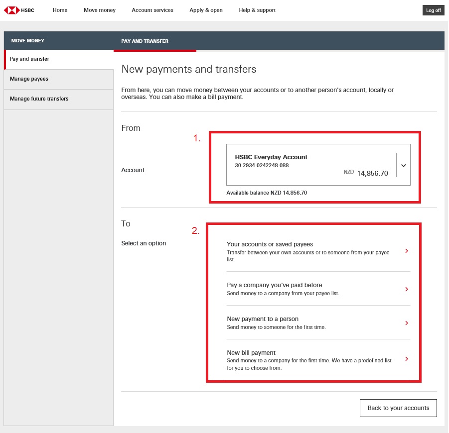 HSBC Internet Banking page payments and transfers